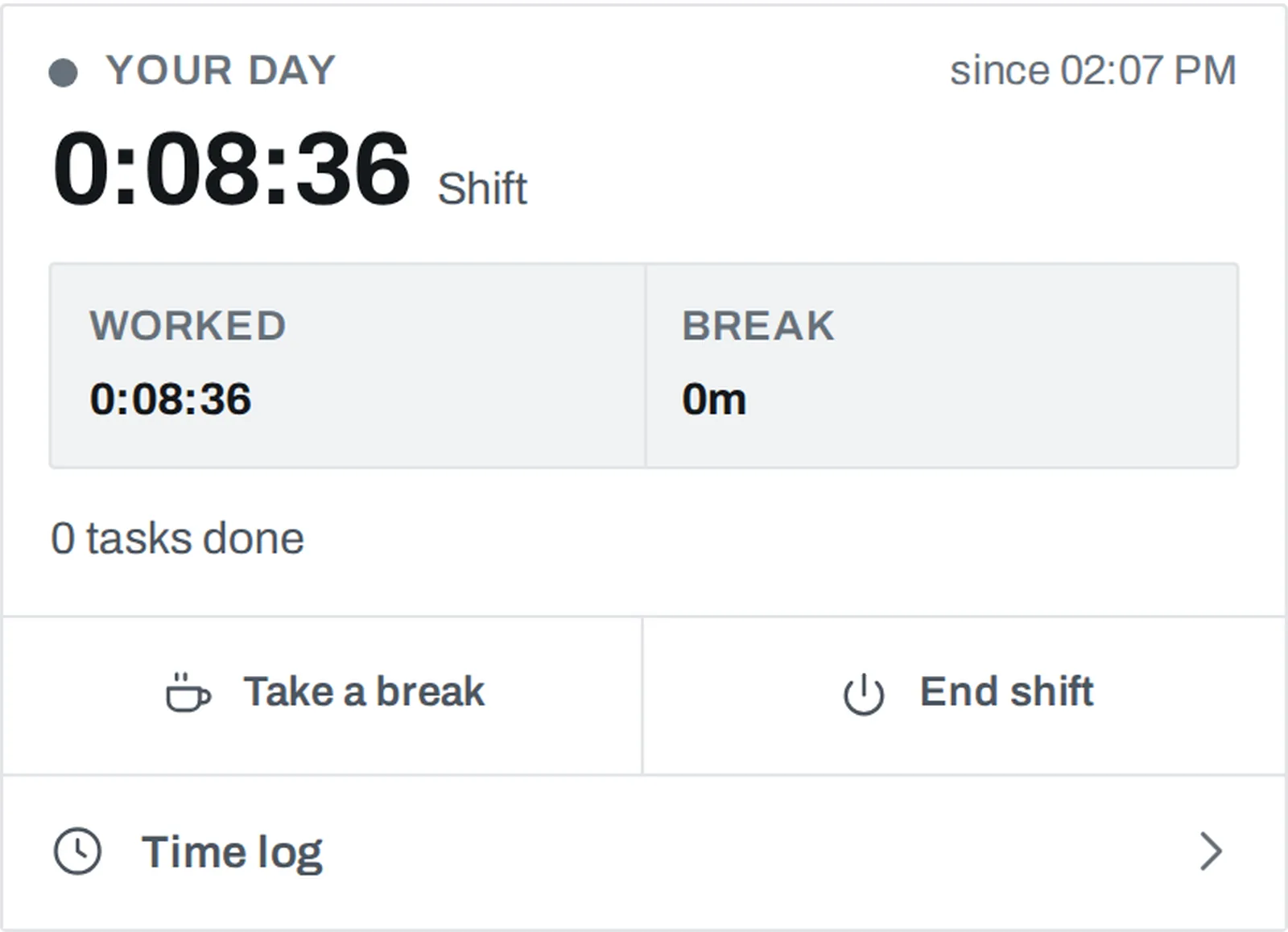 The day card in the worker portal: a shift clock running, worked time and break time beside it, and buttons to take a break, end the shift or open the time log.