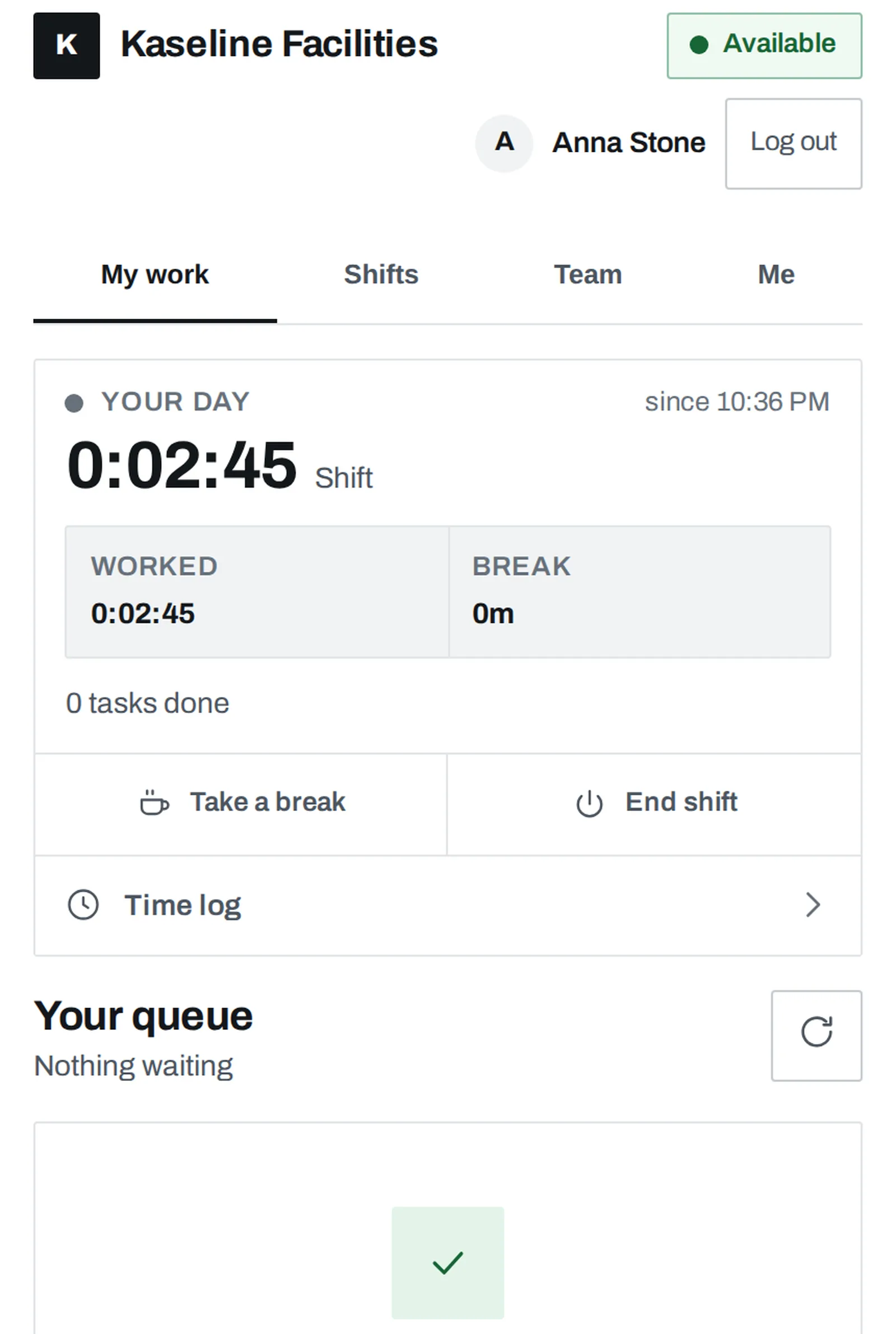 The worker app on a phone: today's shift clock, worked and break time, and buttons to take a break or end the shift.
