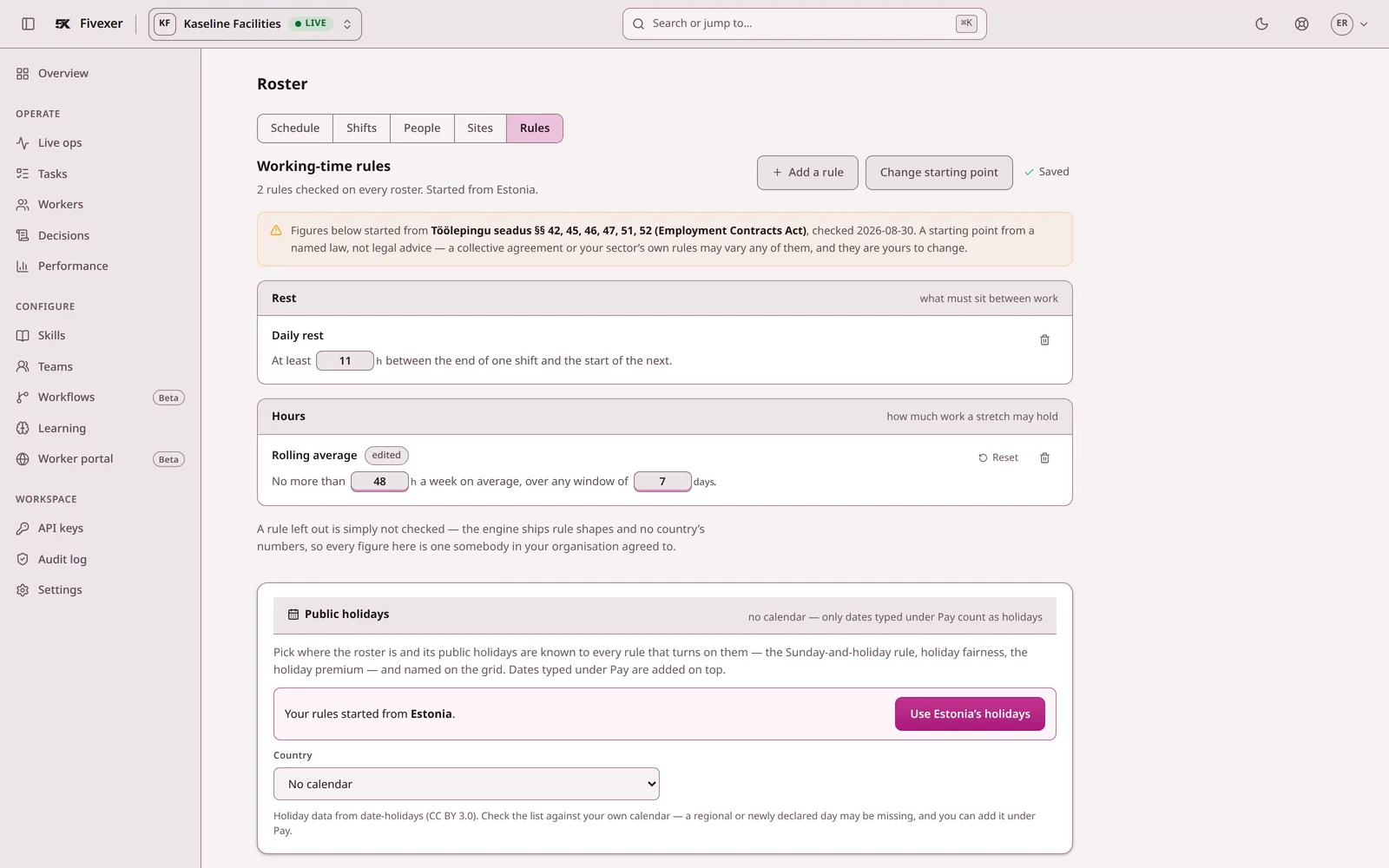 The Fivexer console's Rules tab: working-time rules written as sentences with their agreed figures set into them, under a banner naming the instrument the starting point came from.