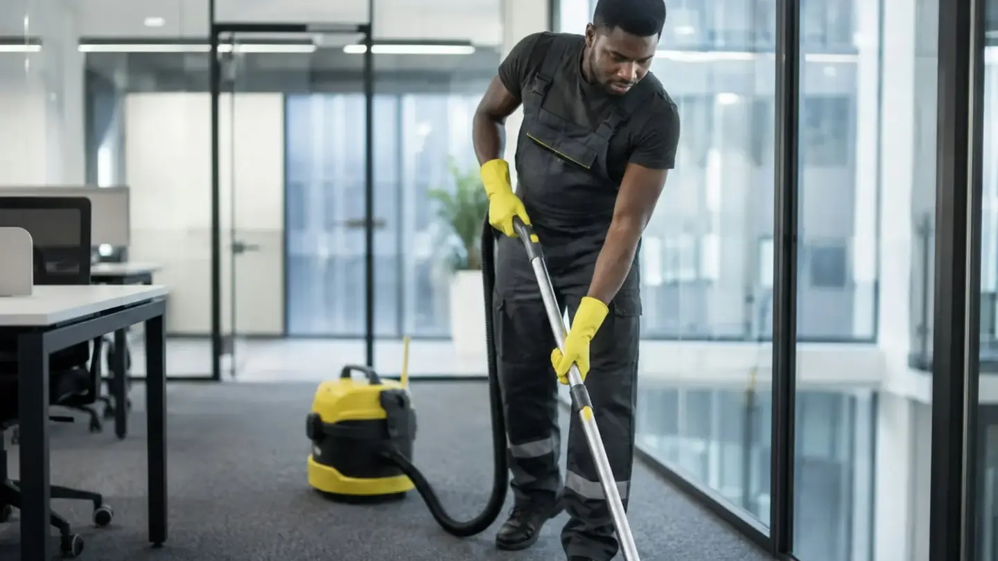 A cleaner vacuuming the carpet of an empty open-plan office beside glass partitions.