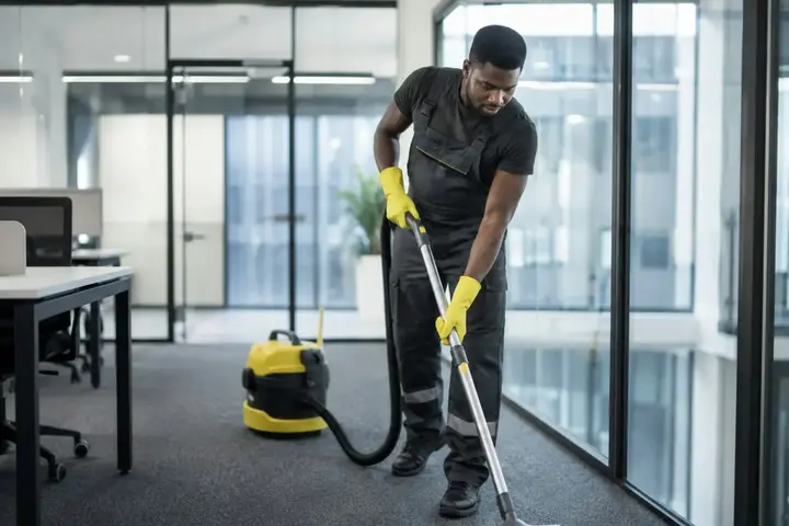 A cleaner vacuuming the carpet of an empty open-plan office beside glass partitions.