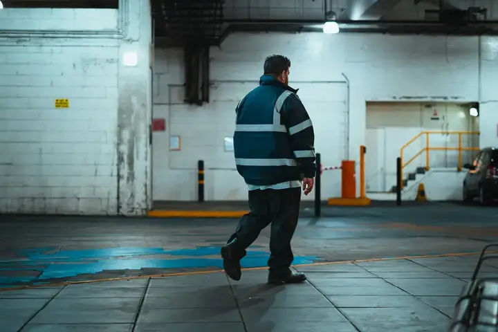 A lone worker in a reflective jacket crossing an empty service level under strip lighting.
