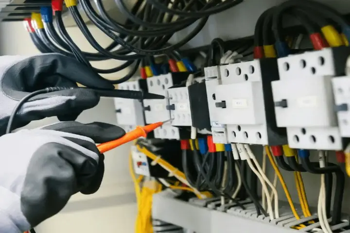 A gloved electrician testing terminals inside a consumer unit with a multimeter probe.